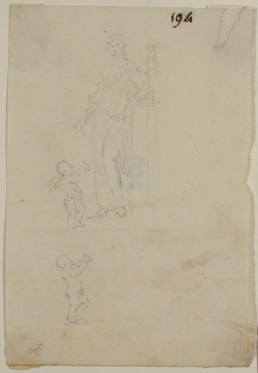 Standing Female Figure with Cupid; Figure of Cupid by anonymous, drawing, 1700-1799