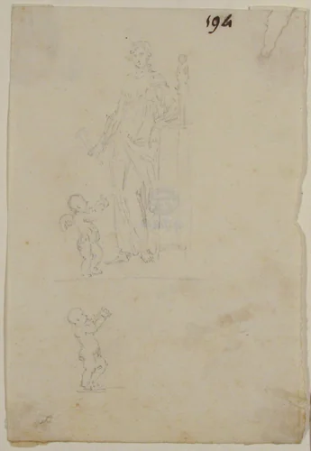 Standing Female Figure with Cupid; Figure of Cupid by anonymous, drawing, 1700-1799