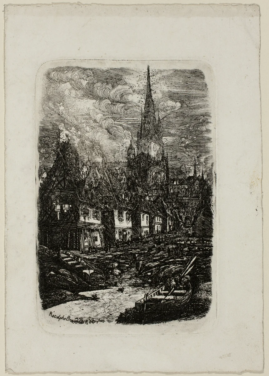 Fishing Port with Pointed Belltower by Rodolphe Bresdin, print, 1865