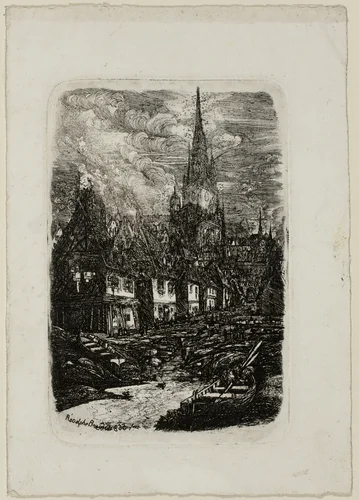 Fishing Port with Pointed Belltower by Rodolphe Bresdin, print, 1865