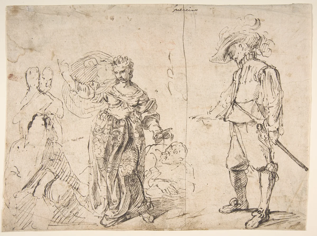 Sheet with Figure Studies (double sided) by Pietro Novelli, drawing, 1615-1647