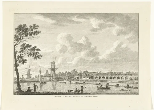 Stadsgezicht met Hogesluis te Amsterdam by Carel Frederik Bendorp, print, 1786-1792