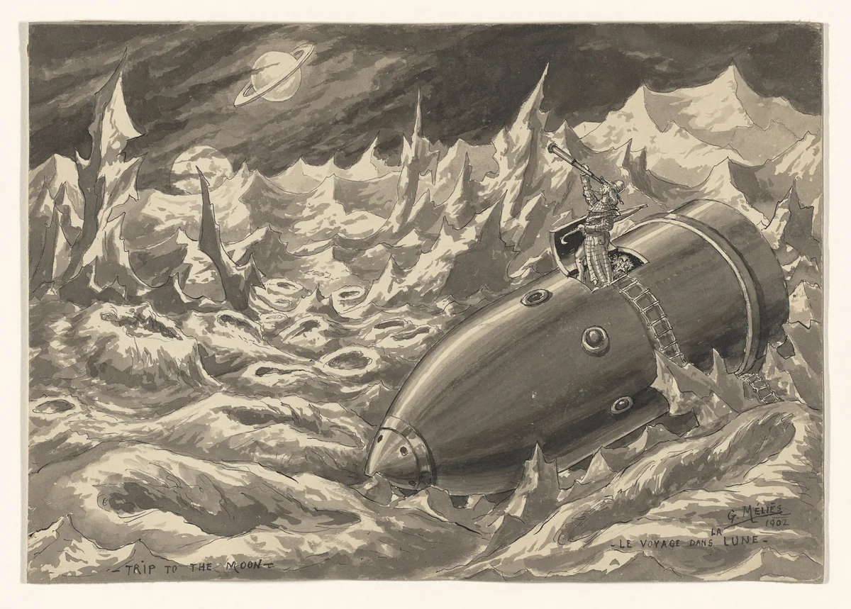 Drawing of Scene 10: Flight of the Rocket Shell into the Moon. Appearance of the Earth From the Moon of the 1902 film A Trip to the Moon (Le Voyage dans la lune) by Georges Méliès, drawing, 1930