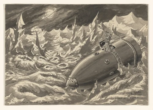 Drawing of Scene 10: Flight of the Rocket Shell into the Moon. Appearance of the Earth From the Moon of the 1902 film A Trip to the Moon (Le Voyage dans la lune) by Georges Méliès, drawing, 1930