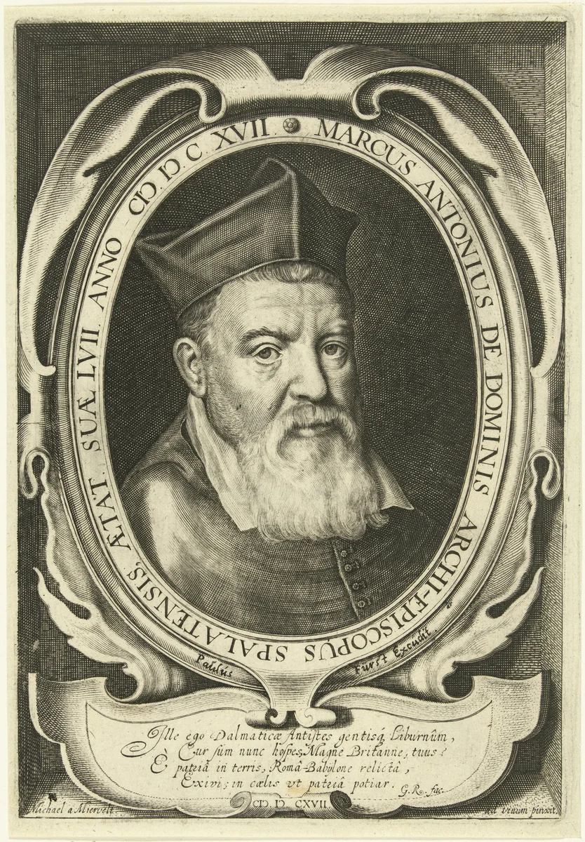 Portret van aartsbisschop Marcus Antonius de Dominis op 57-jarige leeftijd by anonymous, print, 1617