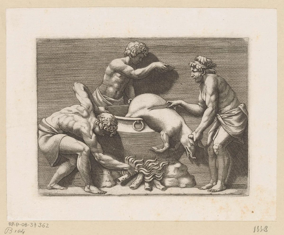 Drie mannen offeren een varken by Adamo Scultori, print, 1540-1585