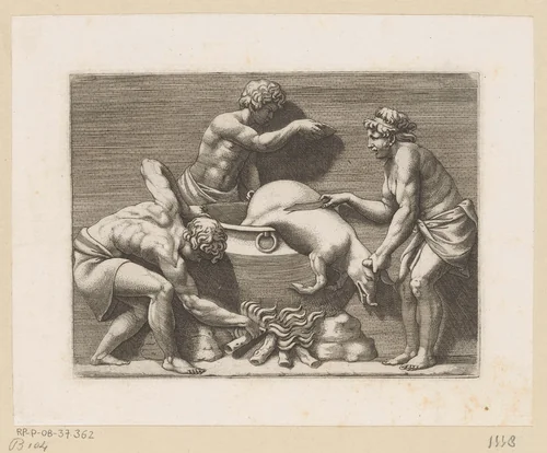 Drie mannen offeren een varken by Adamo Scultori, print, 1540-1585