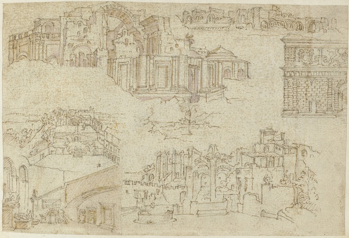 Ruïnes en gebouwen in Rome en Antwerpen by anonymous, drawing, 1550-1570