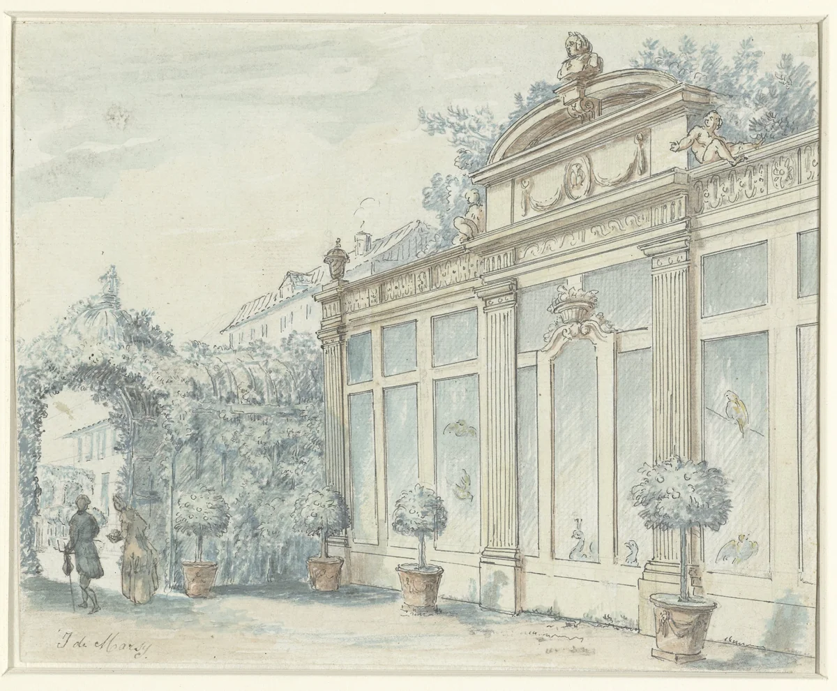 Gezicht in een Franse tuin met heer en dame by J. de Marsy, drawing, 1700-1800