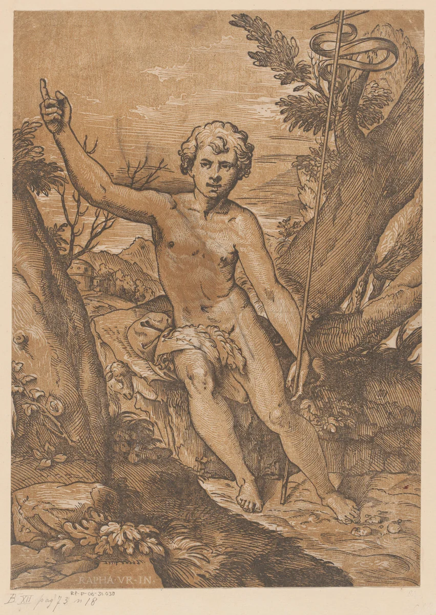 Johannes de Doper in de wildernis by Ugo da Carpi, print, 1502-1532