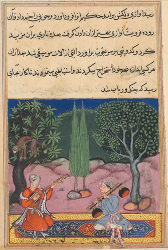 The invention of musical instruments from the intestines of a monkey, from a Tuti-nama (Tales of a Parrot): Fourteenth Night by Unknown, painting, 1555-1565