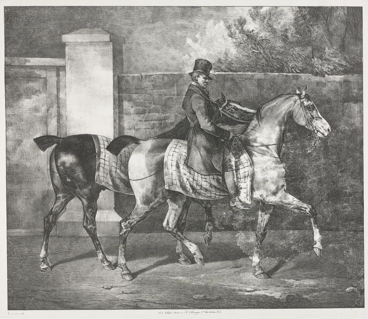 Two Horses Exercised by a Jockey by Théodore Géricault, print, 1822
