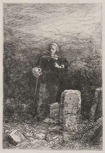 Hamlet with Yorick's Skull by Caspar Johann Nepomuk Scheuren, print, 1842