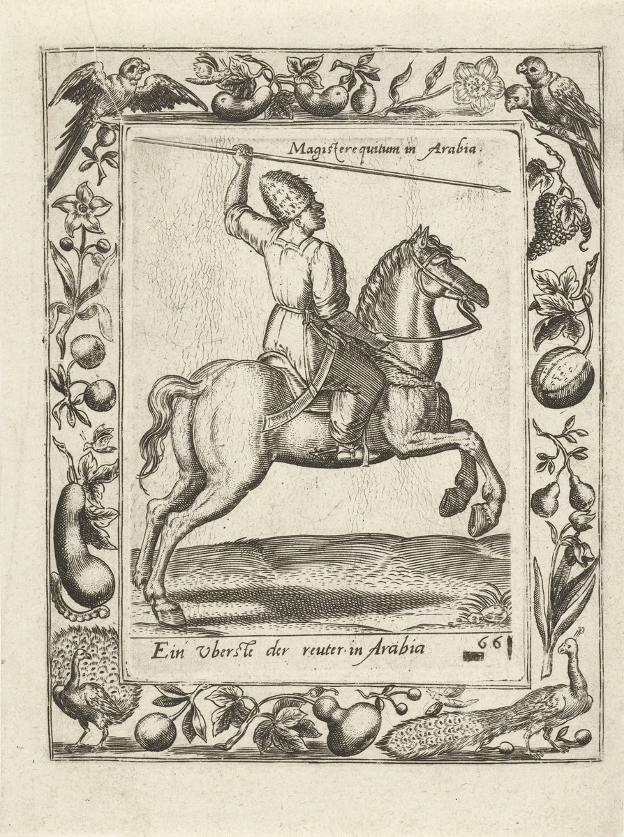 Arabische hoofdman te paard by anonymous, print, 1577