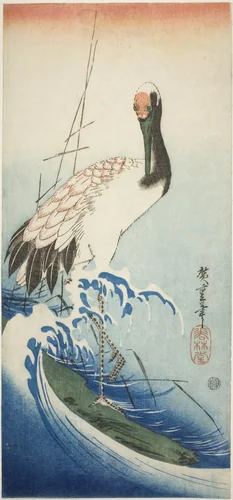 Crane and waves by Utagawa Hiroshige (歌川広重), print, 1830-1834