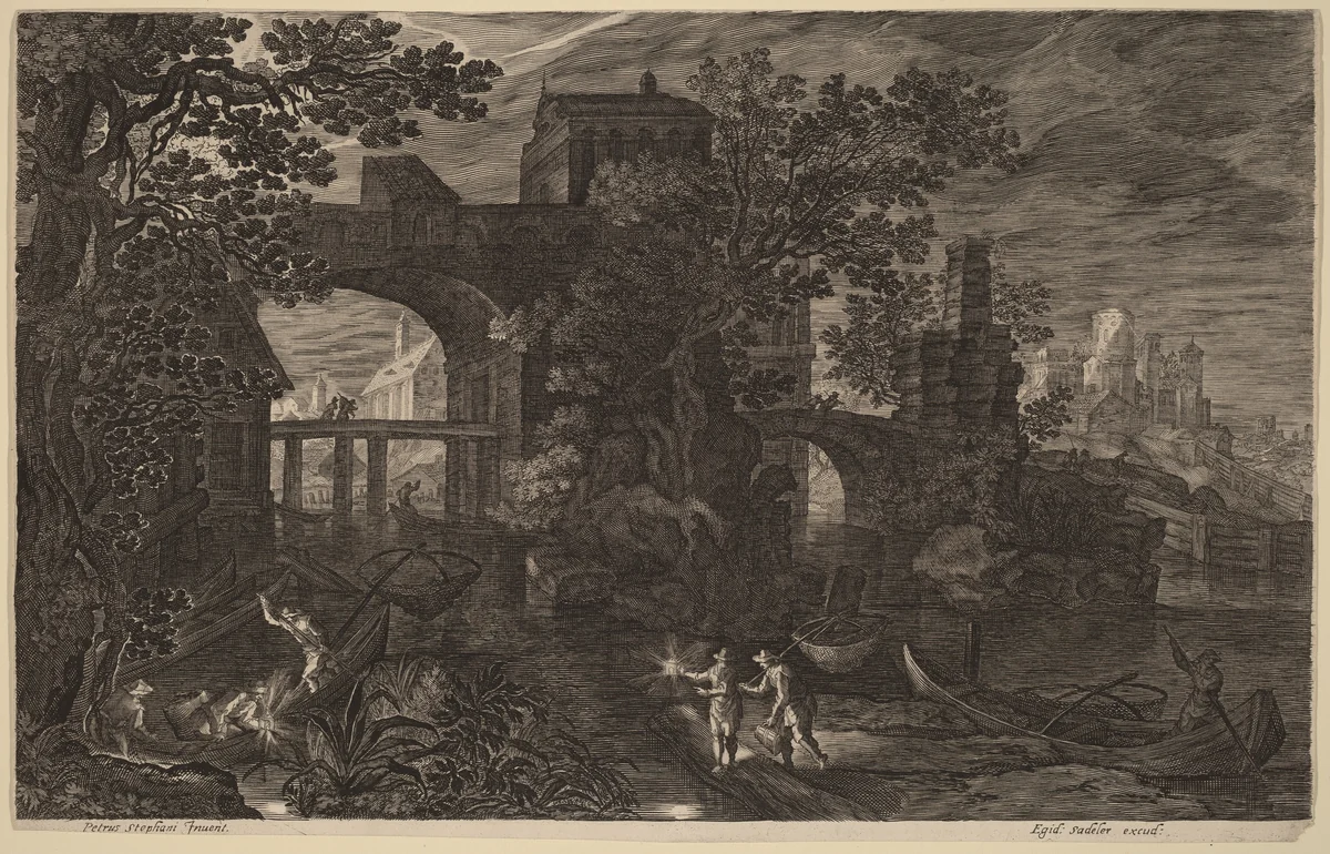 Nocturnal Landscape with River Fishermen outside City Walls by Aegidius Sadeler II; Pieter Stevens, print, 1570-1629
