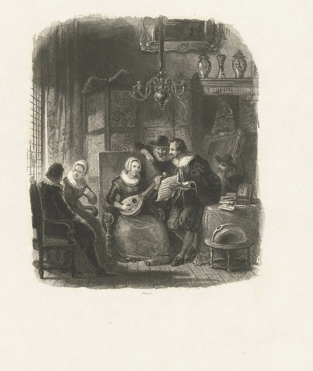 Interieur met een luitspelende vrouw by Henricus Wilhelmus Couwenberg, print, 1837