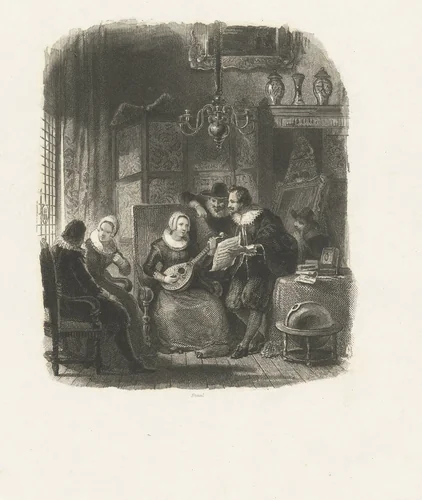 Interieur met een luitspelende vrouw by Henricus Wilhelmus Couwenberg, print, 1837