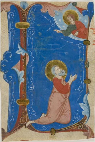 Praying Saint (Moses?) with Christ in a Historiated Initial "L", from a Choirbook by Neri da Rimini, painting, 1290-1310