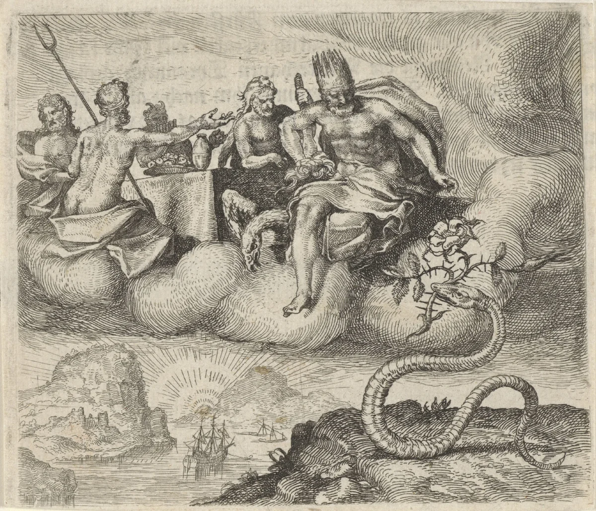 Fabel van Jupiter en de slang by Aegidius Sadeler, print, 1608