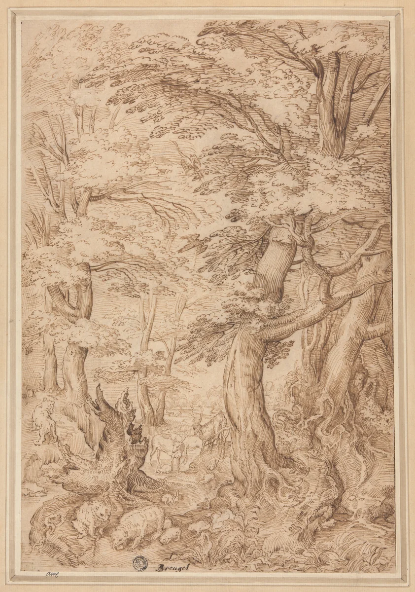 Forest Landscape with Wild Animals by Pieter Bruegel, drawing, 1545-1599