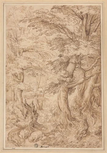 Forest Landscape with Wild Animals by Pieter Bruegel, drawing, 1545-1599
