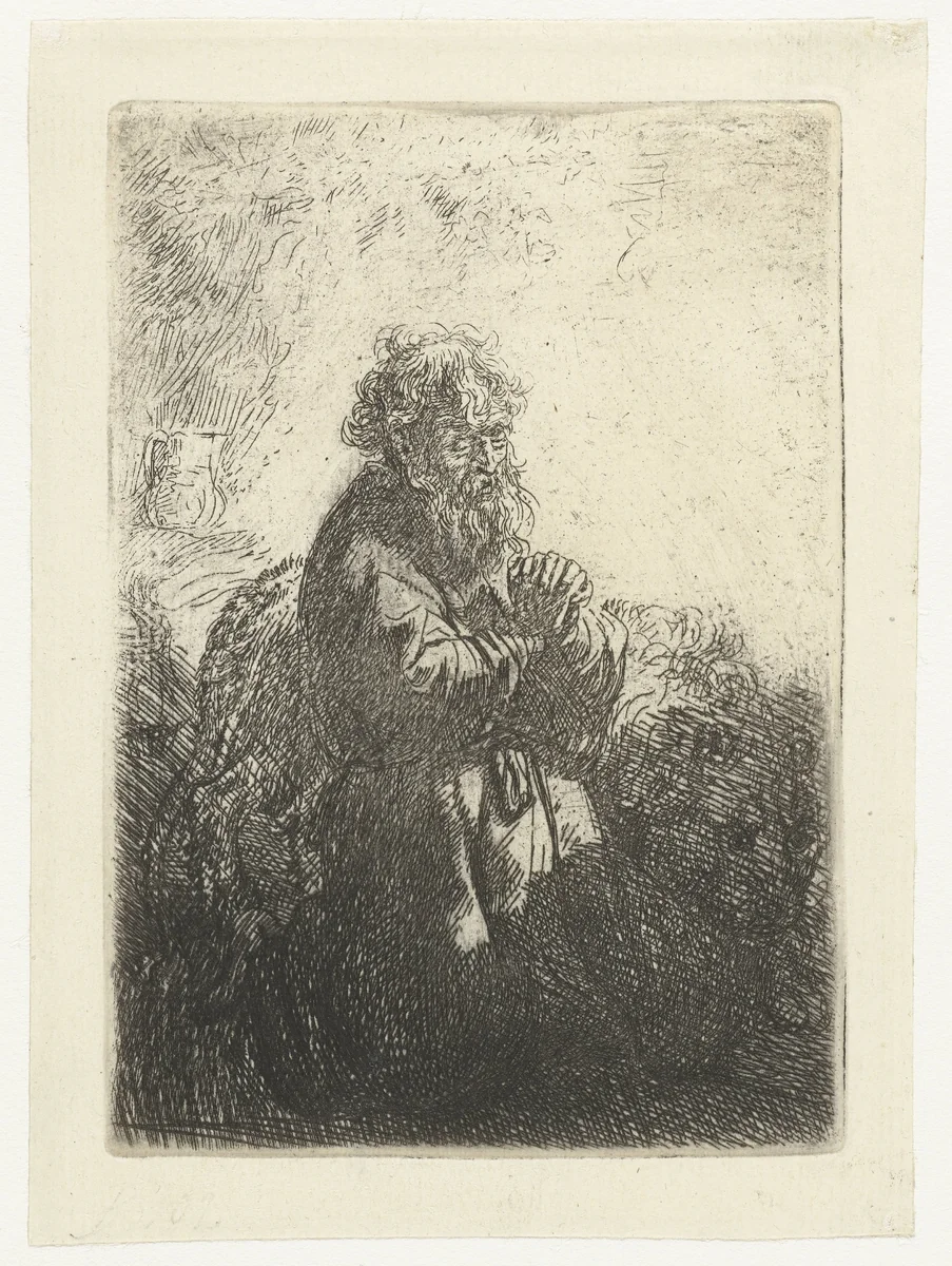 St Jerome kneeling in prayer, looking down by Rembrandt van Rijn, print, 1635