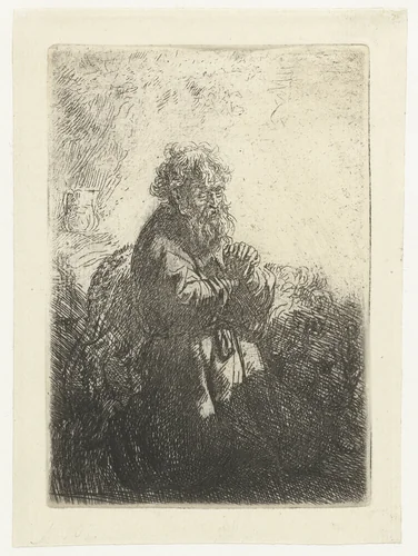 St Jerome kneeling in prayer, looking down by Rembrandt van Rijn, print, 1635