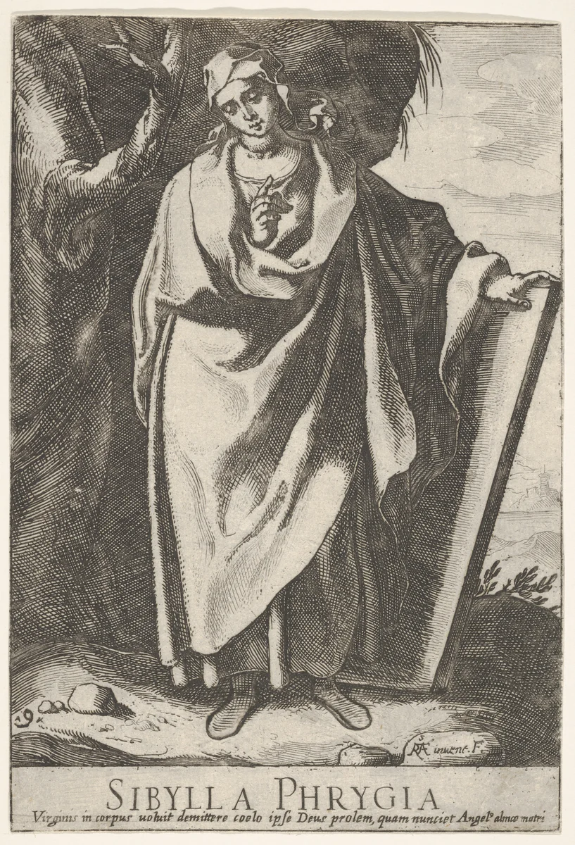 Plate 9: The Phrygian Sibyl holding the top of a tablet with her left hand and pointing with her right, from "Sibyls" by Raffaello Schiaminossi, print, 1609