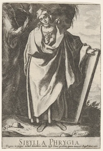 Plate 9: The Phrygian Sibyl holding the top of a tablet with her left hand and pointing with her right, from "Sibyls" by Raffaello Schiaminossi, print, 1609