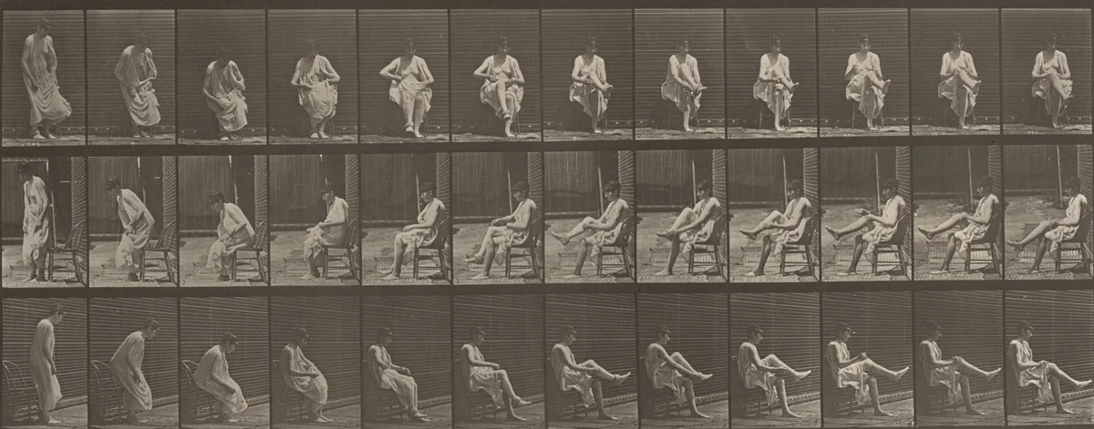 Plate Number 417. Toilet, sitting and putting on stockings by Eadweard Muybridge, photograph, 1887