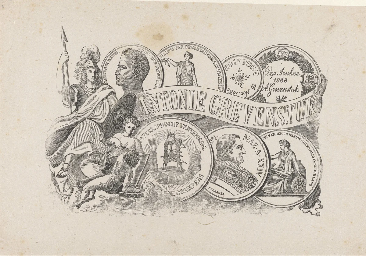 Allegorie ter ere van Antonie Grevenstuk by Isaac Weissenbruch, print, 1868-1912
