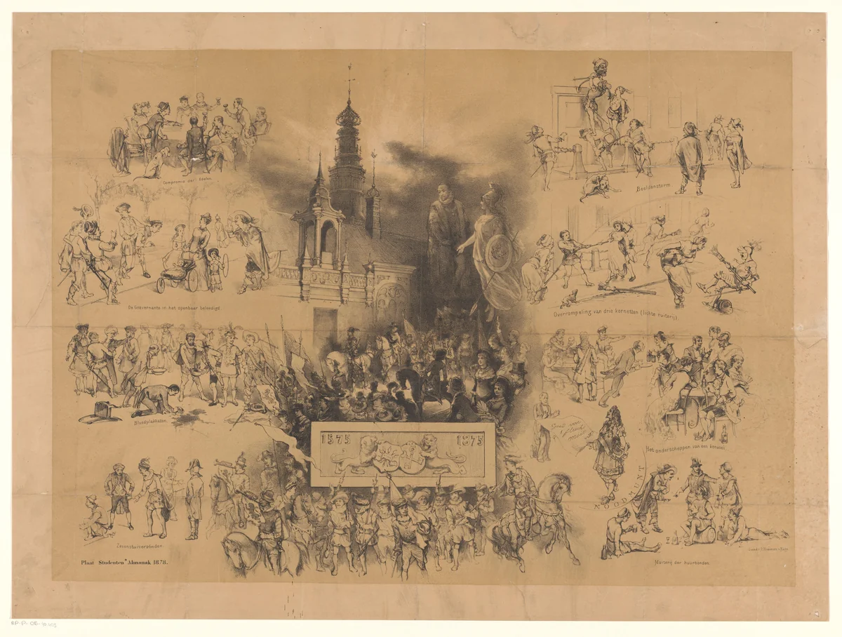 Maskerade tijdens derde eeuwfeest van de Leidse Hogeschool by Jan Mesker, print, 1878