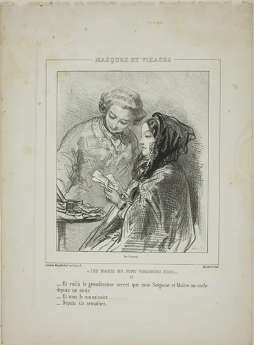 Les maris me font toujours rire: Et voilà le grandissime secret... by Paul Gavarni, print, 1852