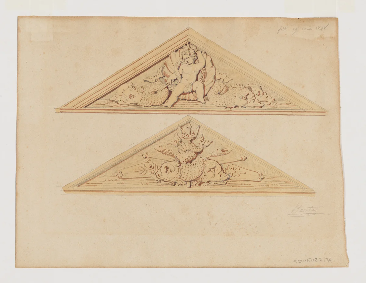 Two Designs for Pediments with Putti and Sea Creatures by Jean-Baptiste Louis Plantar, drawing, 1840-1880