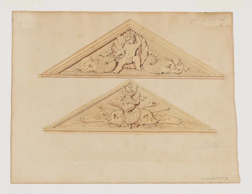 Two Designs for Pediments with Putti and Sea Creatures by Jean-Baptiste Louis Plantar, drawing, 1840-1880