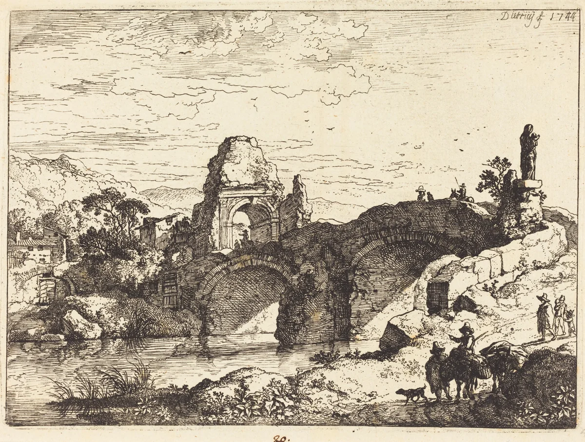 Landscape with a Bridge and Ruined Tower by Christian Wilhelm Ernst Dietrich, print, 1744