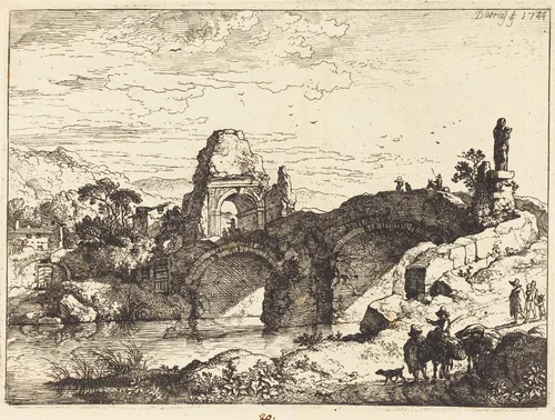 Landscape with a Bridge and Ruined Tower by Christian Wilhelm Ernst Dietrich, print, 1744