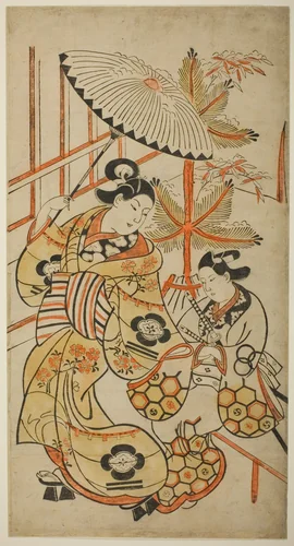 The Actors Matsumoto Hyozo as a courtesan and Nakagawa Hanzaburo as a young man by Torii Kiyonobu I (鳥居 清信), print, 1695-1705
