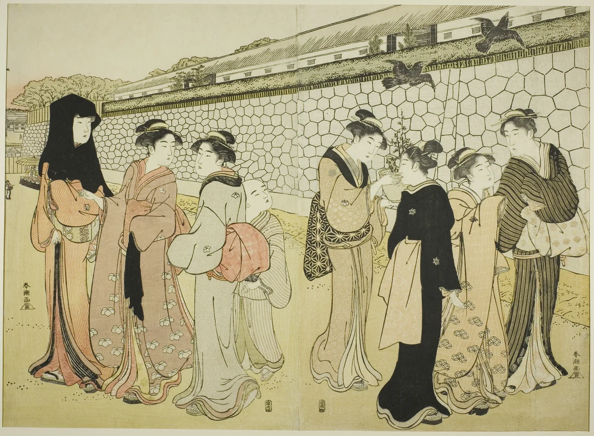 Women Walking by a Moat by Katsukawa Shuncho, print, 1780-1789