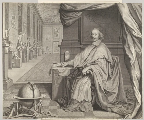 Cardinal Jules Mazarin Seated Within the Gallery of his Palace by Robert Nanteuil, print, 1659