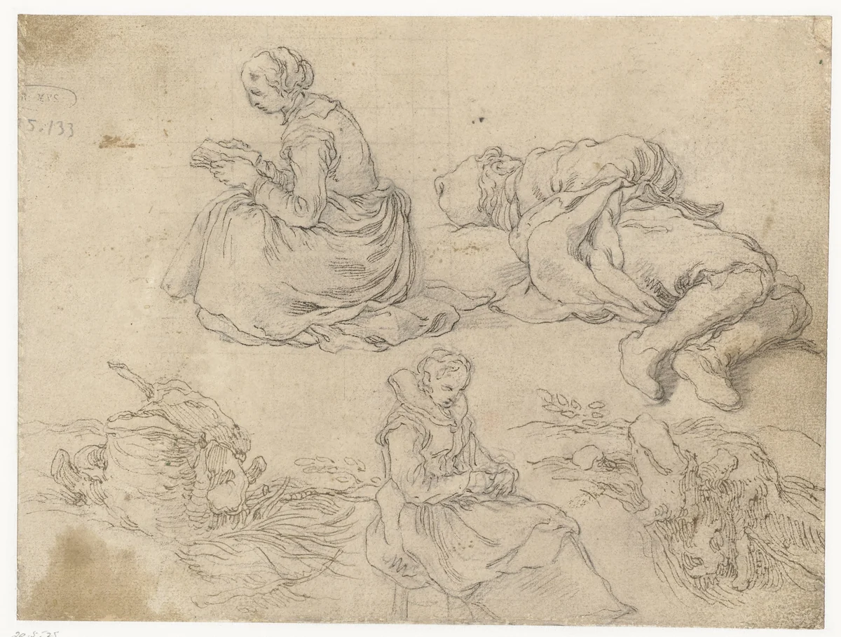 Twee vrouwen en een jongen by Abraham Bloemaert, drawing, 1625-1629