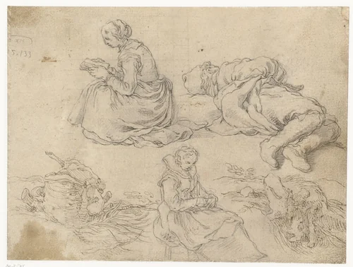Twee vrouwen en een jongen by Abraham Bloemaert, drawing, 1625-1629
