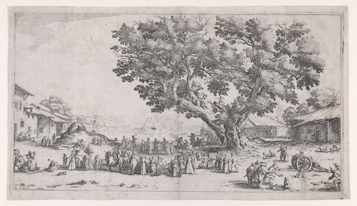 La Fiore de Gondreville pièce appelée aussi La Fête du Village, La Petite Foire, Le Bal Champêtre, Le Jeu de Boules (The Fair at Gondreville also called The Village Festival, The Little Fair, The Country Dance, The Game of Bowls) by Jacques Callot, print, 1624-1625