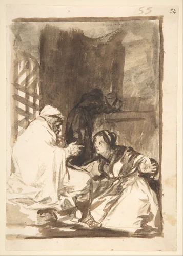 A woman kneeling before an old man; page 55 from the "Images of Spain" Album (F) by Goya, drawing, 1807-1825