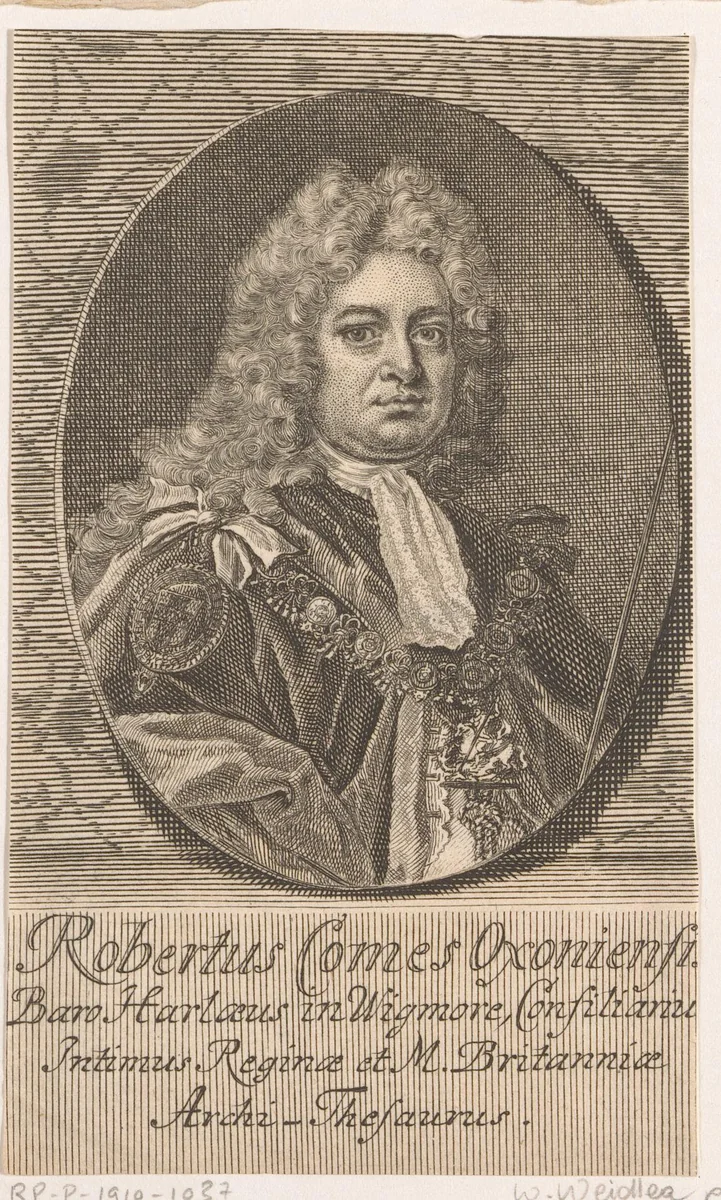 Portret van Robert Harley, 1st Earl of Oxford by Martin Bernigeroth, print, 1714