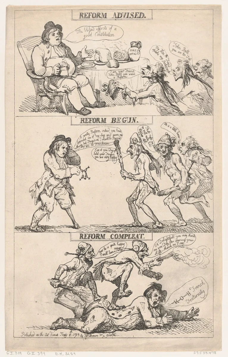 Reform Advised, Reform Begun, Reform Complete by Thomas Rowlandson, print, 1793