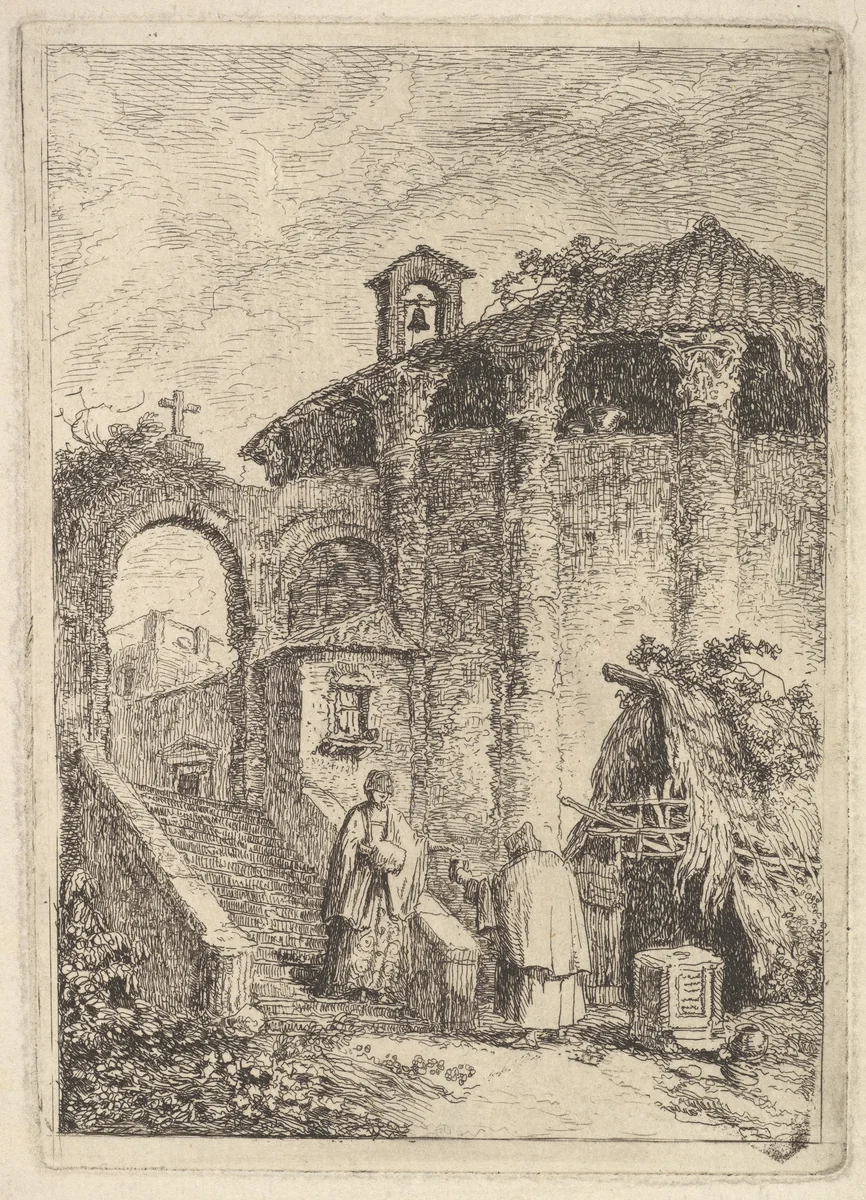 Plate 5: The Ancient Temple: a woman descending a staircase at left and giving alms to a beggar, a rotunda at right, from "Les soirées de Rome" by Hubert Robert, print, 1763-1764