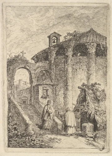Plate 5: The Ancient Temple: a woman descending a staircase at left and giving alms to a beggar, a rotunda at right, from "Les soirées de Rome" by Hubert Robert, print, 1763-1764