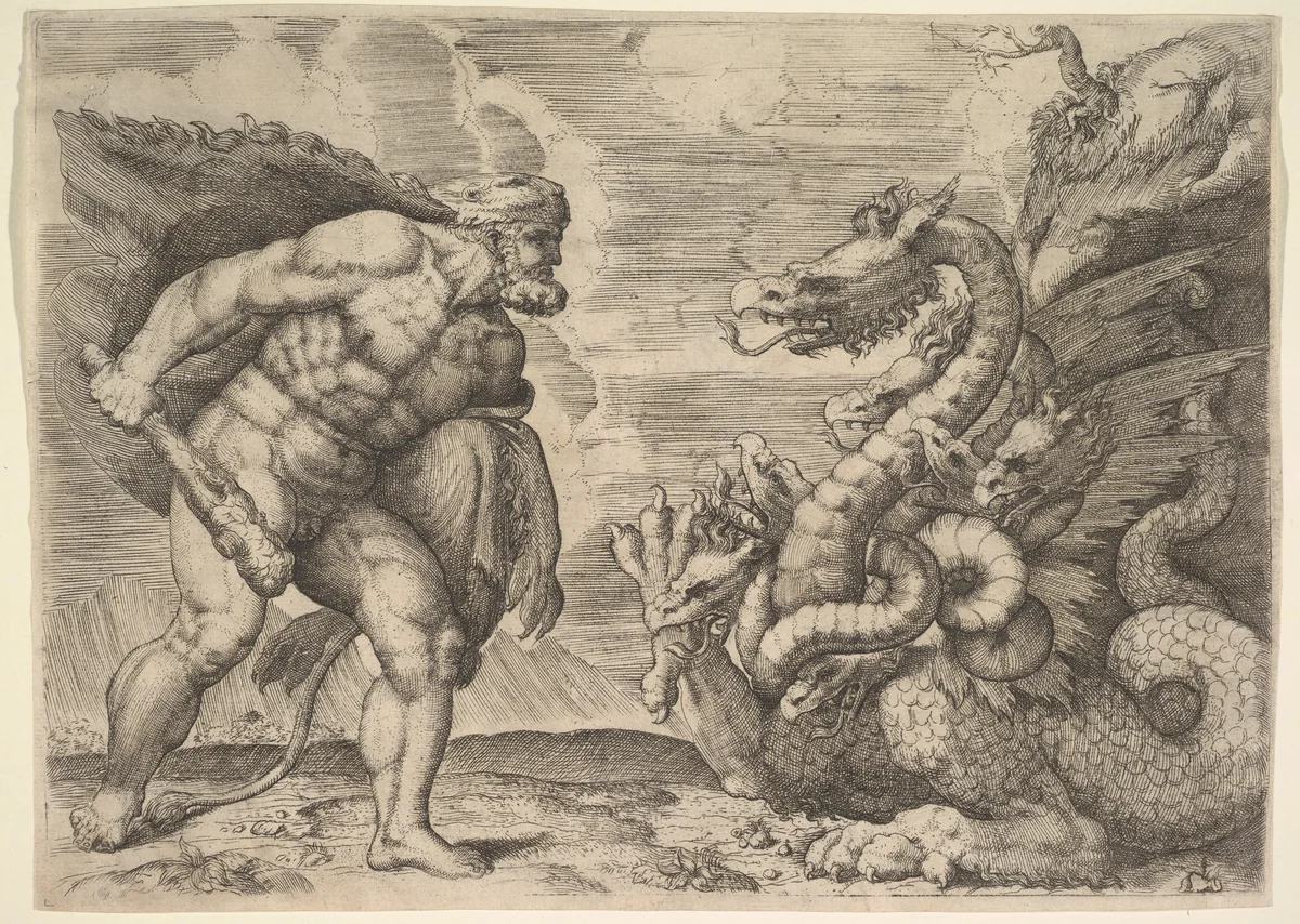 Hercules and the Hydra of Lerna by Marco Angolo del Moro, print, 1540-1560